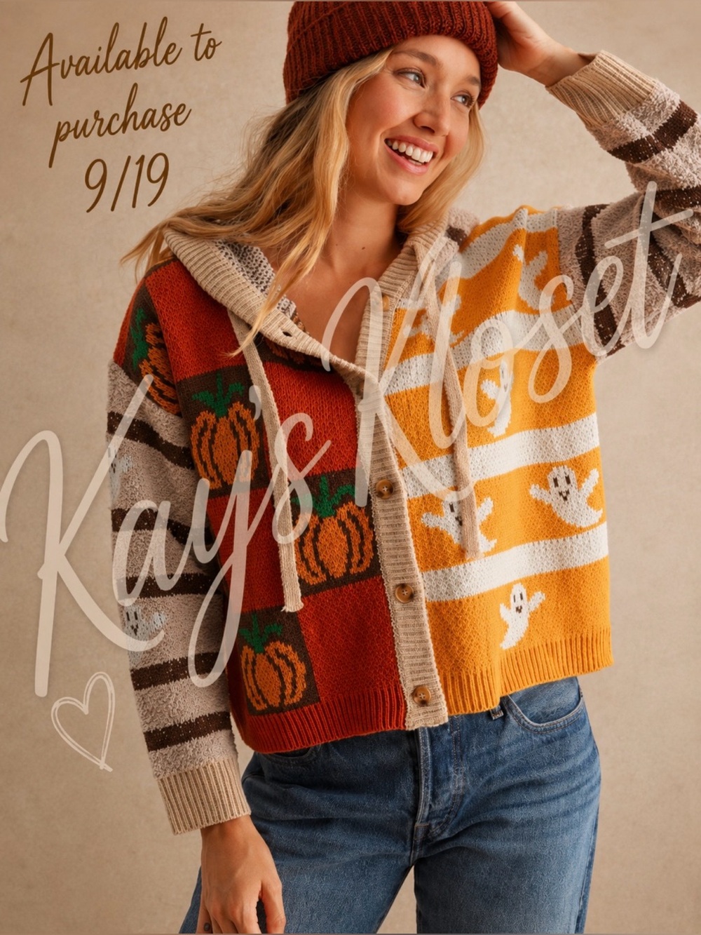 BF13 🎃👻- (ETA 9/19) Pumpkin Ghost Hooded Button Cardigan Sweater - Beige/Orange